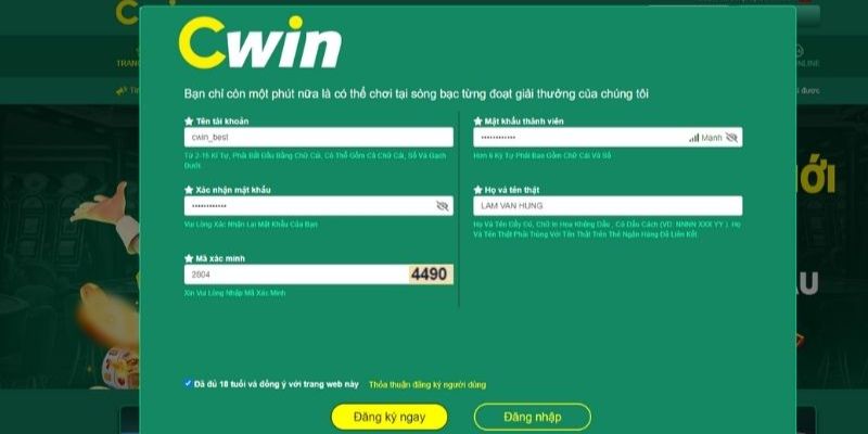 Điều khoản khi tạo tài khoản CWIN